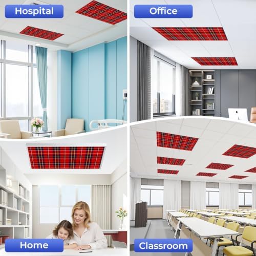 4 Pcs Fluorescent Light Covers for Ceiling Lights check plaid blue red yellow Magnetic Light Filters Decorative for Classroom Office Hospital Home 4x2 Ft