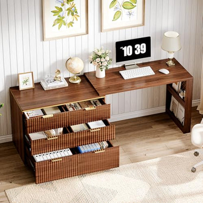 Computer Desk with 6 Drawers, 78" Modern Writing Desk with 0.98" Thickened Desktop & Storage Shelves, Adjustable direction & Extendable Executive Office Desk Study Table for Home Office, Walnut