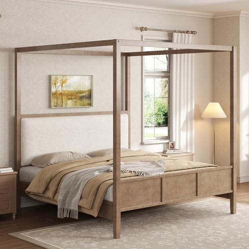 King Size Canopy Bed with Linen Headboard and 4-Poster, Walnut
