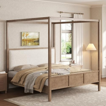 King Size Canopy Bed with Linen Headboard and 4-Poster, Walnut