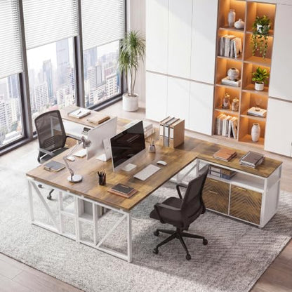 63" Executive Desk with Drawer Cabinet, L-Shaped Desk, Walnut