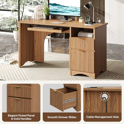 55 Inch Computer Desk with Drawers, Power Outlet, Brown Oak