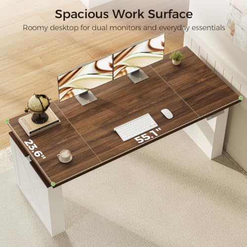 Farmhouse 55 Inch Electric Standing Desk, Walnut+White