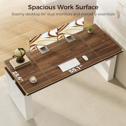 Farmhouse 55 Inch Electric Standing Desk, Walnut+White