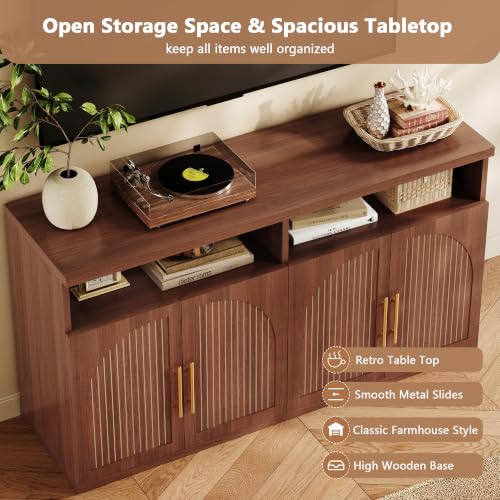 63" Wide Fluted Buffet Cabinet with Open Storage Shelf, Walnut