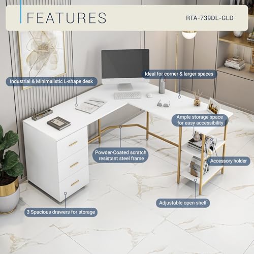 59" Two-Tone L‑Shaped Office Desk with Storage Shelves, Gold