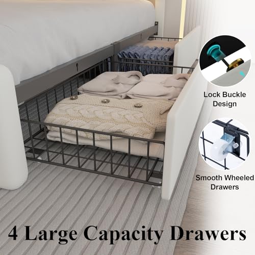 Queen Size Bed Frame with 4 Storage Drawers, LED Light, White Upholstered