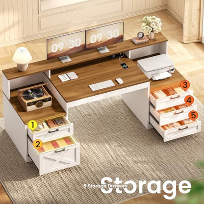 63" Farmhouse Office Desk with 5 Drawers, White and Brown
