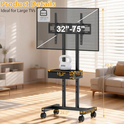 Rolling TV Stand with Drawer for 32-75 Inch TVs, Adjustable Storage Shelf