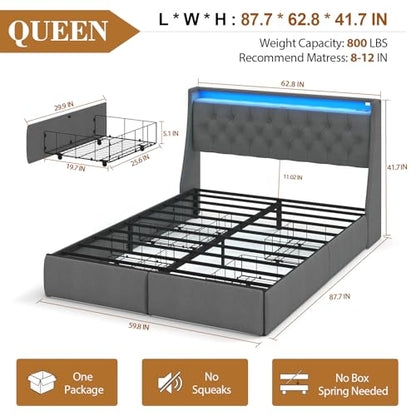 Upholstered Queen Size Bed Frame with 4 Storage Drawers and LED Lights