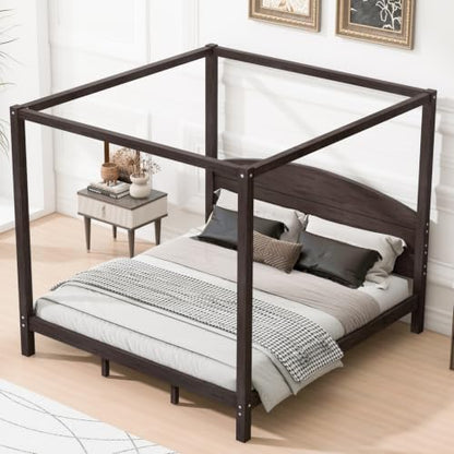 Wood King Size Canopy Bed Frame with Headboard and Storage, Brown