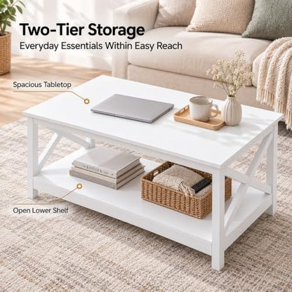 White Coffee Table for Living Room, X-Design Storage Shelf, 39.5"