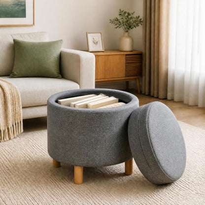 Round Storage Ottoman with Tray, Accent Storage Footstool, Gray
