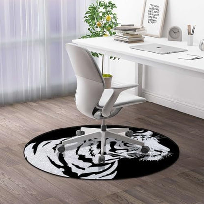 Black Lines Round Area Chair Mat for Hardwood Floors, Tiger Profile Jungle Animal Swivel Chair Protector, Protect The Floor from Scratches, Black White Diameter 51 in