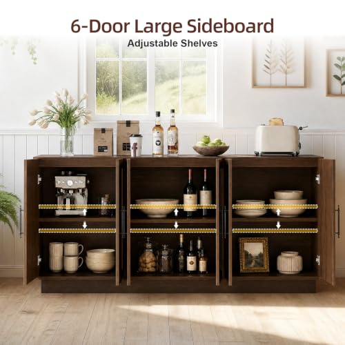 65.7" Sideboard Cabinet, 6-Door Storage Credenza,Walnut