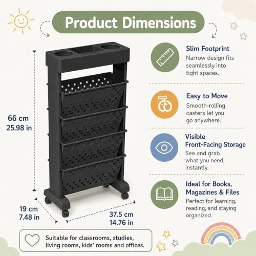 5-Tier Rolling Bookshelf Cart with Wheels, Black