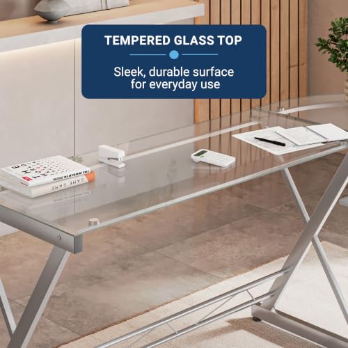 L Shaped Desk with Keyboard Tray & Tempered Glass Desktop