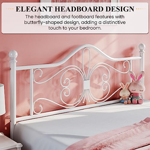 Full Size Metal Bed Frame with Butterfly Headboard, White