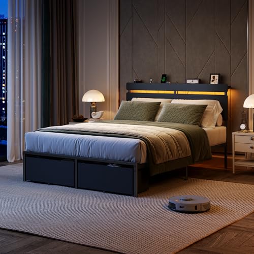Full Size Bed Frame with Wood Headboard,2 Storage Drawers & Shelf