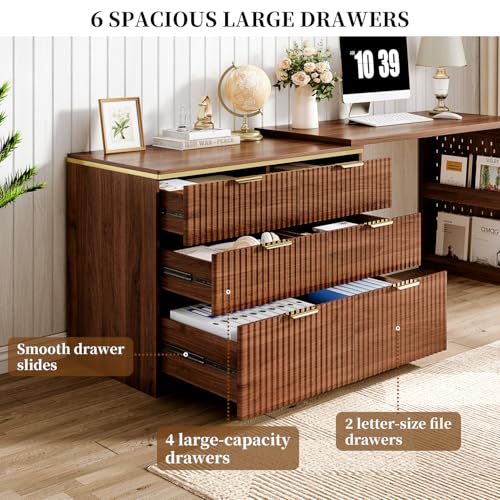 Computer Desk with 6 Drawers, 78" Modern Writing Desk with 0.98" Thickened Desktop & Storage Shelves, Adjustable direction & Extendable Executive Office Desk Study Table for Home Office, Walnut