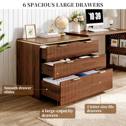 Computer Desk with 6 Drawers, 78" Modern Writing Desk with 0.98" Thickened Desktop & Storage Shelves, Adjustable direction & Extendable Executive Office Desk Study Table for Home Office, Walnut