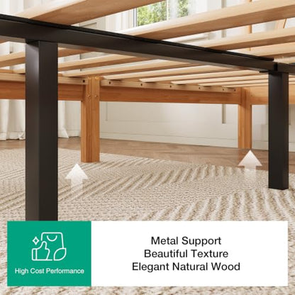 12 Inch Full Size Bed Frame Full Bed Frames with Headboard Solid Wooden BedFrame Foundation, No Box Spring Needed, Easy Assembly, Natural Grain Wood