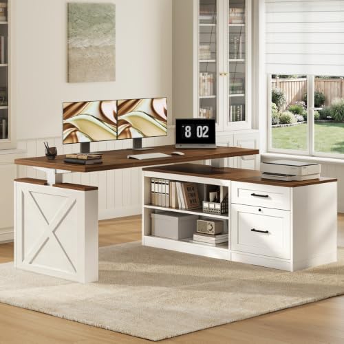 55 Inch Farmhouse L Shaped Electric Standing Desk, Walnut+White