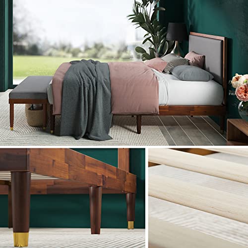 Raymond Wood Platform Bed Frame with Adjustable Upholstered Headboard, Solid Wood Foundation, Wood Slat Support, No Box Spring Needed, Easy Assembly, Queen
