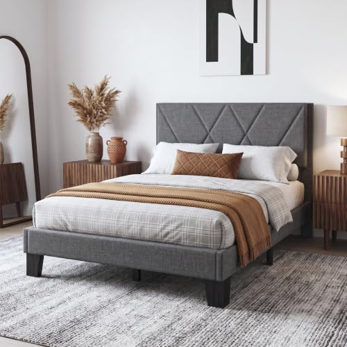 Full Platform Bed Frame with Upholstered Headboard, Gray