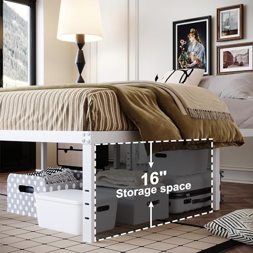 18 Inch White Full Size Bed Frame with High Storage