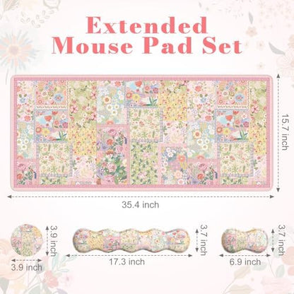 iLeadon Cute Floral Desk Mat Set, Non Slip Mouse Pad with Wrist Support