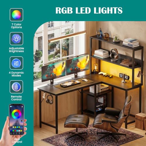L Shaped Desk, Gaming Desk, LED Lights, 53 Inch
