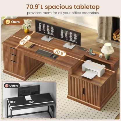 70.9" Executive Desk, Fluted Office Desk with Drawers, Brown
