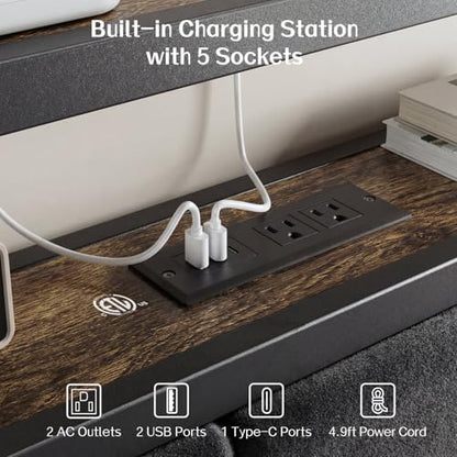 Full Size Bed Frame with Headboard, LED Light & Charging Station