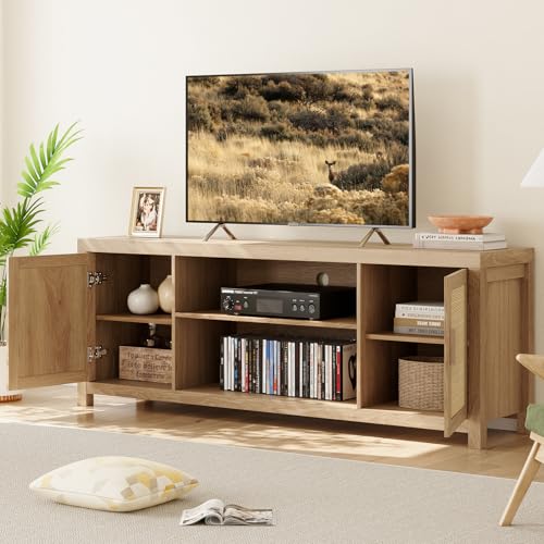 Rattan TV Stand 66In for 75 inch Natural Oak