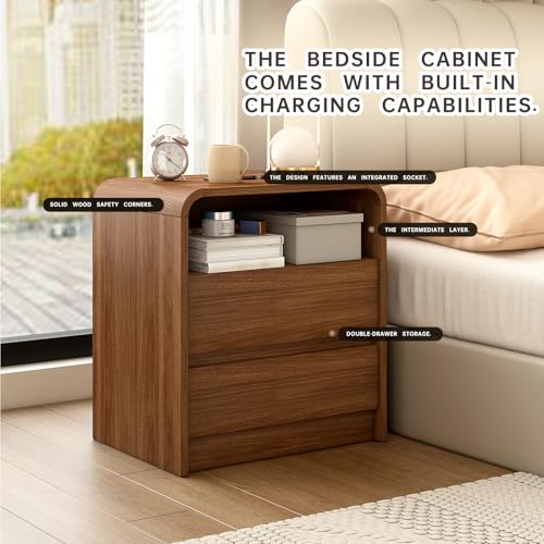 Nightstand Set of 2 w/Charging Station, 2 Drawers & Open Shelf