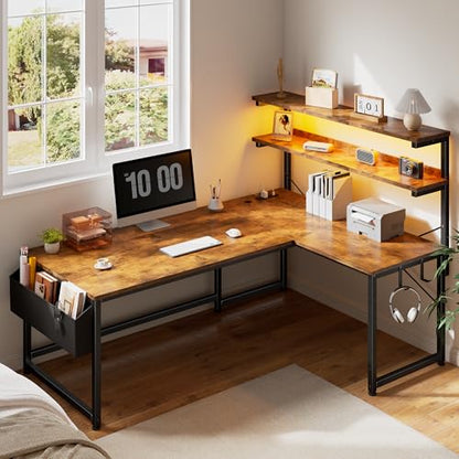 53"L Shaped Desk with Storage Shelf,Side Bag,Hook for Small Space