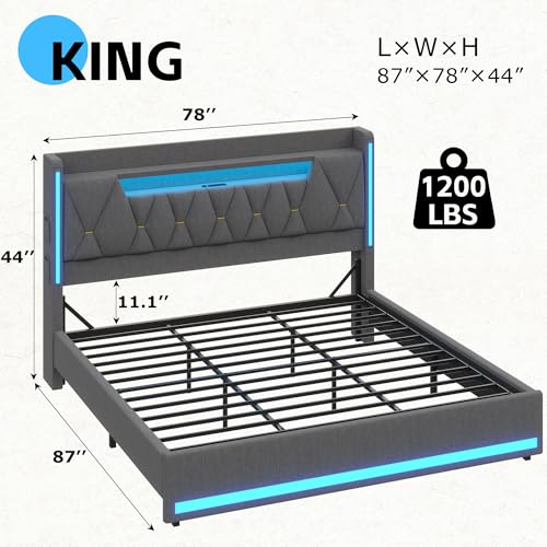King Size Bed Frame with Storage Headboard and LED Lights