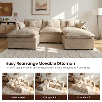 108'' U Shaped Cloud Couch, 3-Seater Sofa with 2 Ottoman, Oatmeal