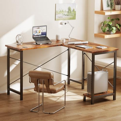 50-Inch Reversible L Shaped Desk with CPU Shelf, Brown