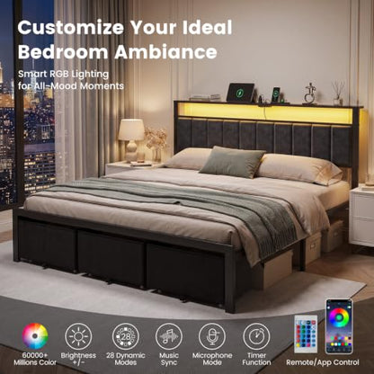 King Size Bed Frame with Upholstered Headboard and 3 Storage Drawers