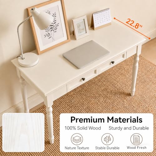 47” Solid Wood Writing Desk with Drawers, White