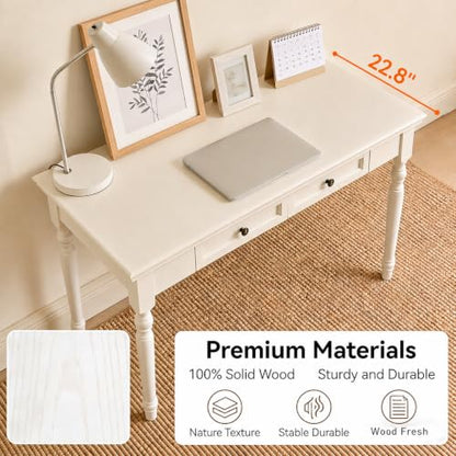 47” Solid Wood Writing Desk with Drawers, White