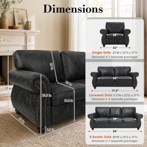 88"W Living Room Furniture Sets, 3-Seater&Loveseat, Grey