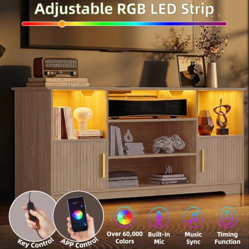 TV Stand for 55 inch with LED Light & Charging Station, Natural