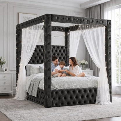 Queen Size Canopy Bed Frame, Velvet Upholstered Bed with Headboard, Black