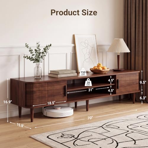70" TV Stand with Rolling Doors and Storage, Mid-Century, Walnut