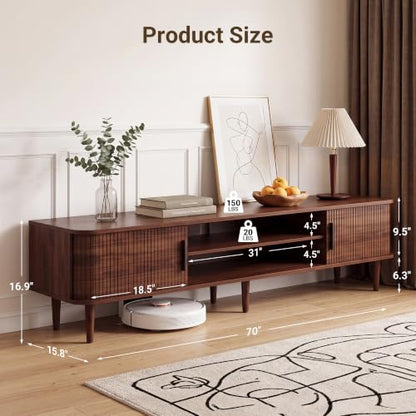 70" TV Stand with Rolling Doors and Storage, Mid-Century, Walnut