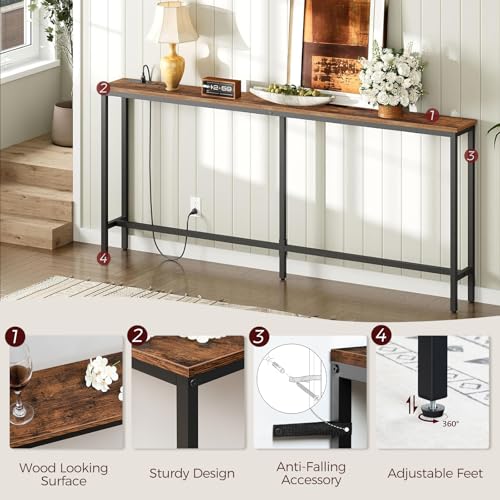 70.9" Console Table with Power Outlet, Narrow Sofa Table, Brown