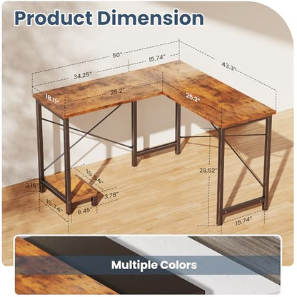 50-Inch Reversible L Shaped Desk with CPU Shelf, Brown